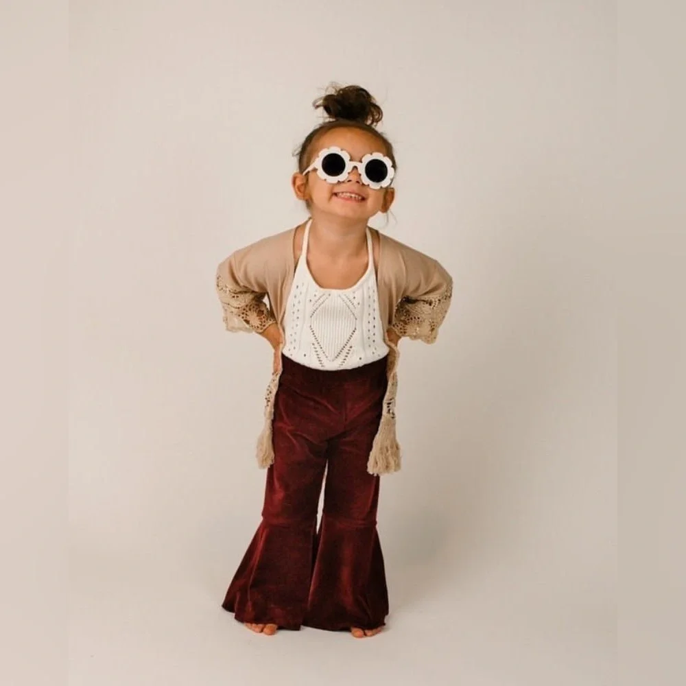 KIDS: Bailey’s Blossoms Lina Pleated Velour Bell Bottoms in Blue